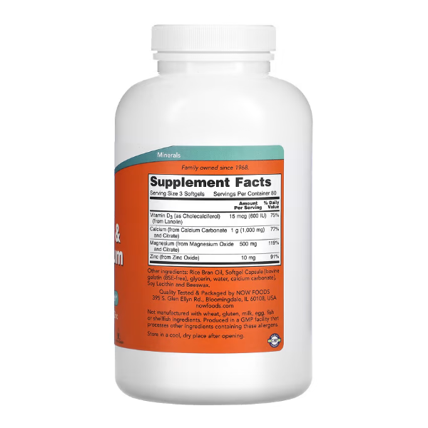 NOW Foods, кальций и магний с витамином D3- и цинком, 240 мягких таблеток состав