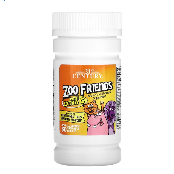 21st Century, Zoo Friends с добавлением витамина C, апельсин, 60 жевательных таблеток