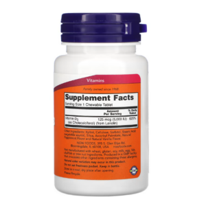 NOW Foods, жевательный витамин D3, натуральный мятный вкус, 5000 МЕ, 120 жевательных таблеток