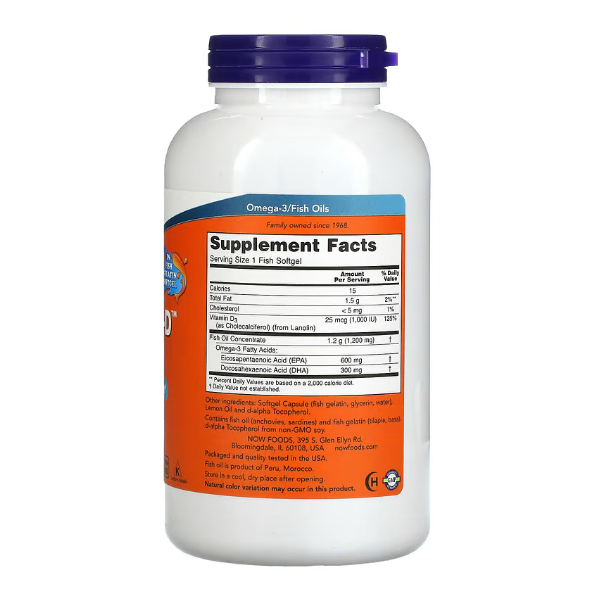 NOW Foods, ультраомега-3 с витамином D, 600 ЭПК 300 ДГК, 180 капсул из рыбьего желатина