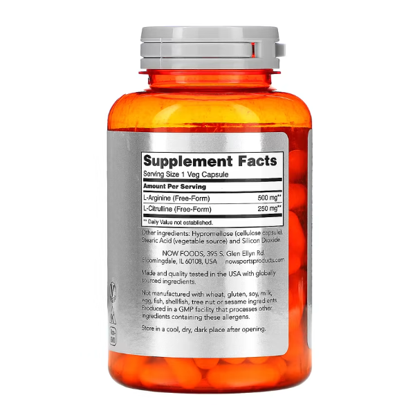 NOW Foods, Sports, аргинин и цитруллин, 120 вегетарианских капсул