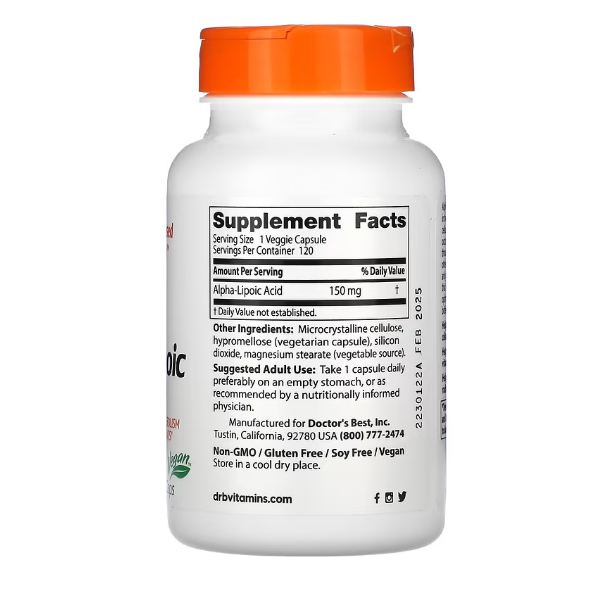 Doctor's Best, альфа-липоевая кислота 150, 150 мг, 120 растительных капсул